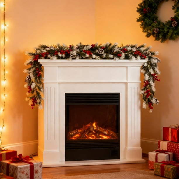 Guirnalda navideña de ratán de 1 metro con agujas de pino escarchadas, bayas rojas y piñas | Decoración navideña artificial para repisa, mesa y chimenea
