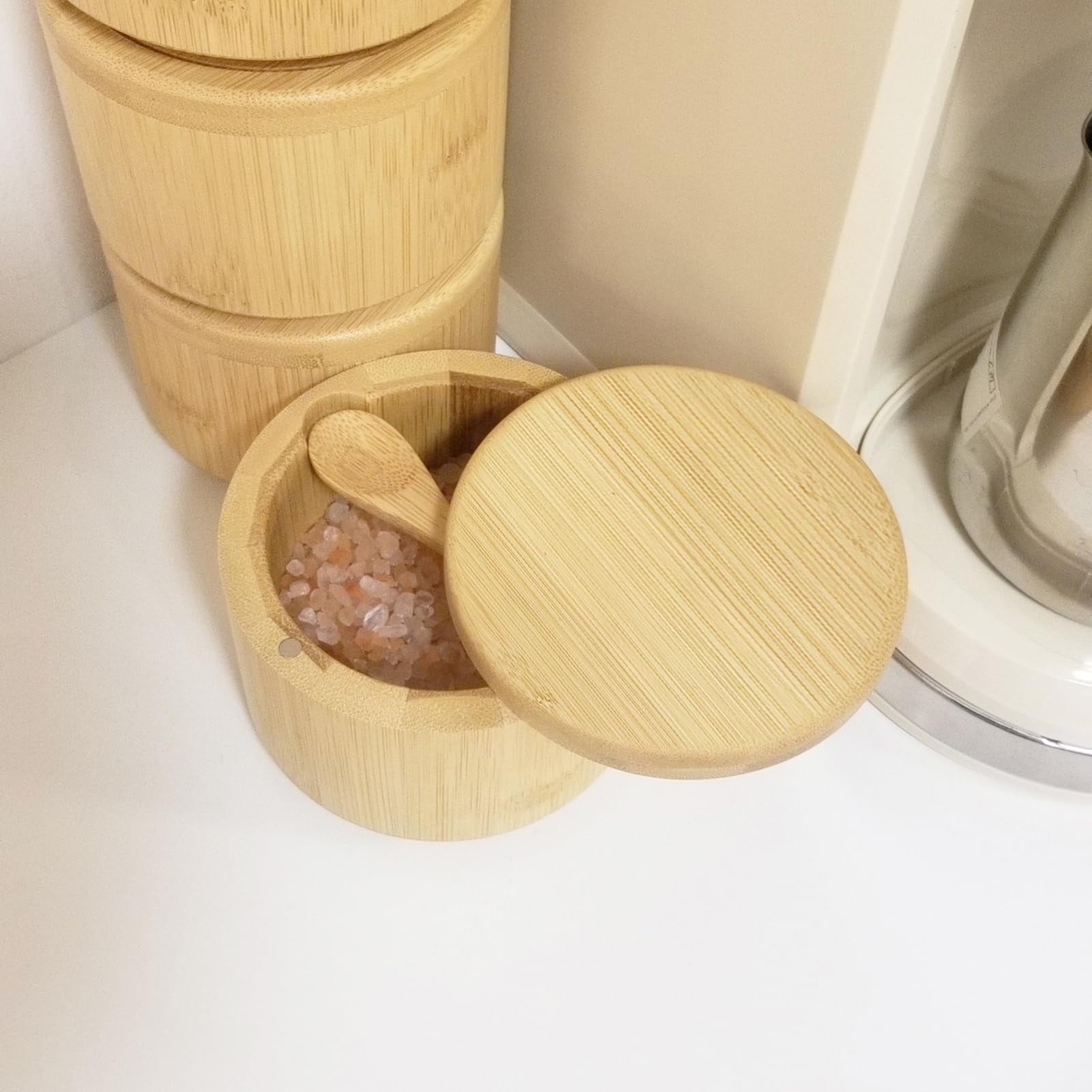 Sherry Salt Box with Lid and Spoon Bamboo Salt Container Kitchen Spice Cellars with Swivel Lid Built in Spoon Salt Holder for Storage Sea Salt 12oz Capacity Large Salt Keeper