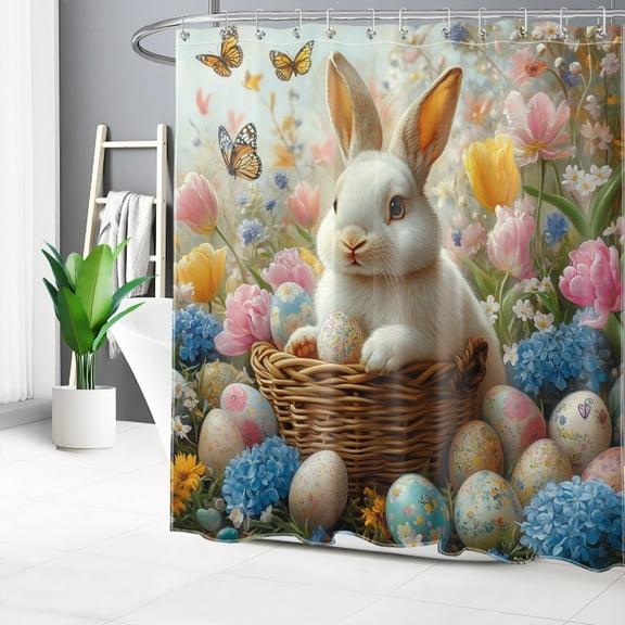 Cute Rabbit Shower Curtain Easter Bunny Floral and Colorful Eggs Shower Curtains for Bathroom Flower Butterfly Bathroom Curtain Accessories Home Decor with 12 Hooks 72x72 inches