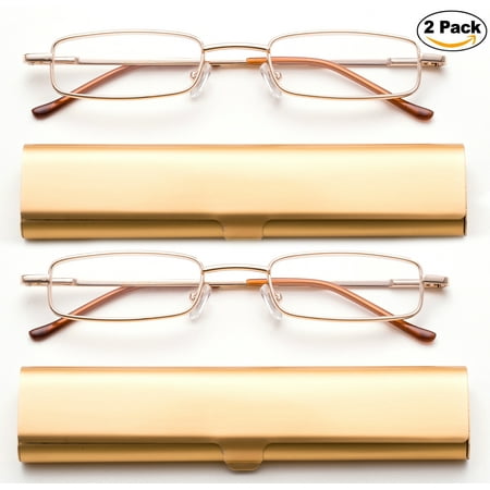 Newbee Fashion-Portable Compact Reading Glasses in Aluminum Case Metal Rectangle Shaped Reading Glasses with Spring Hinge in Case Lightweight Reader Slim Design Comfort fit in GOLD 2 Pack+2.50