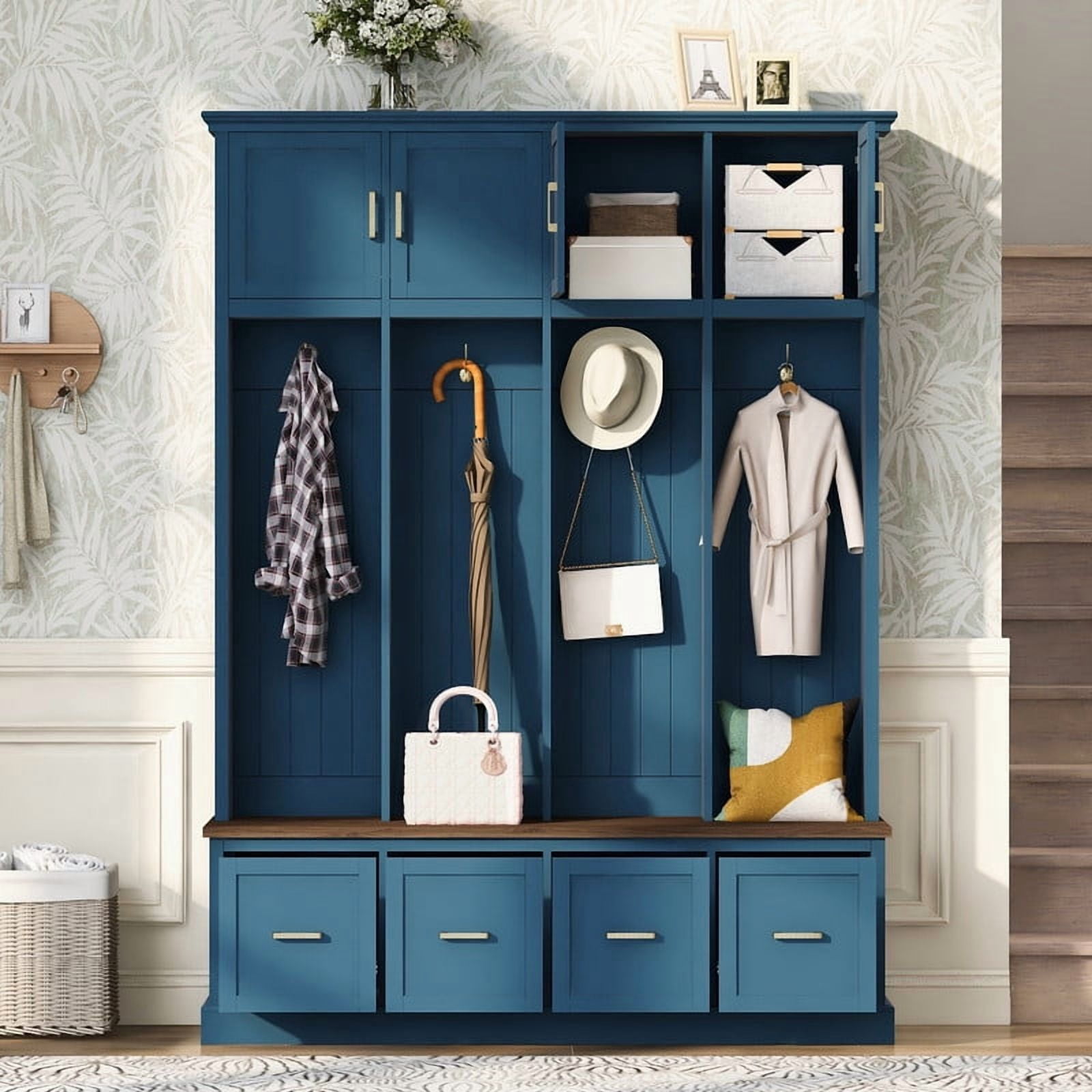 Farmhouse Wooden Entryway Hall Tree with Coat Hooks, Multi-functional Storage Cabinet with Shoe Bench and Drawers