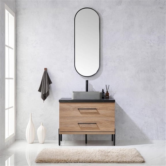 Trento 36" Single Concrete Sink Bath Vanity in North American Oak with Mirror