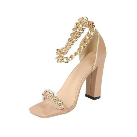 

Zanvin Womens Sandals Clearance Women s Shoes Metal Chain Diamond Shiny Block High Heel Pumps Ankle Strap Casual Square Toe Sandals Brown 36