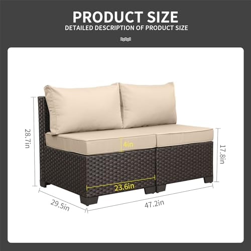 WAROOM Outdoor PE Wicker Patio Furniture Set 2 Piece Armless Chair Brown Rattan Sofa with Khaki Cushions