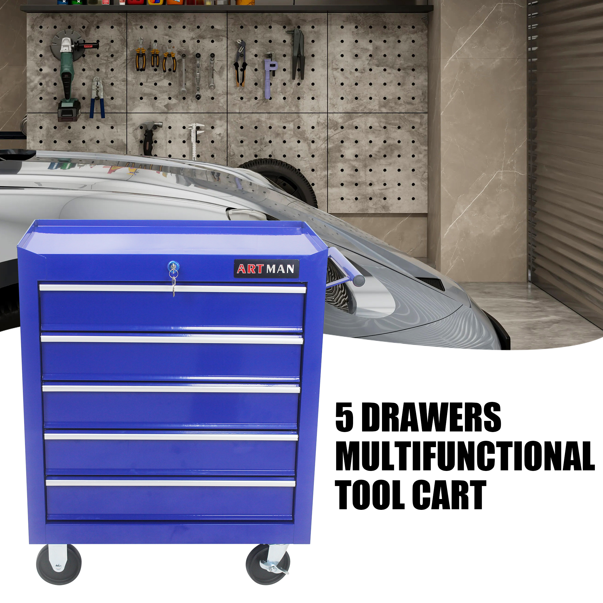 5 Drawer Rolling Tool Chest, Steel Tool Storage Cabinet for Garage Storage with 4 Wheels and Locker