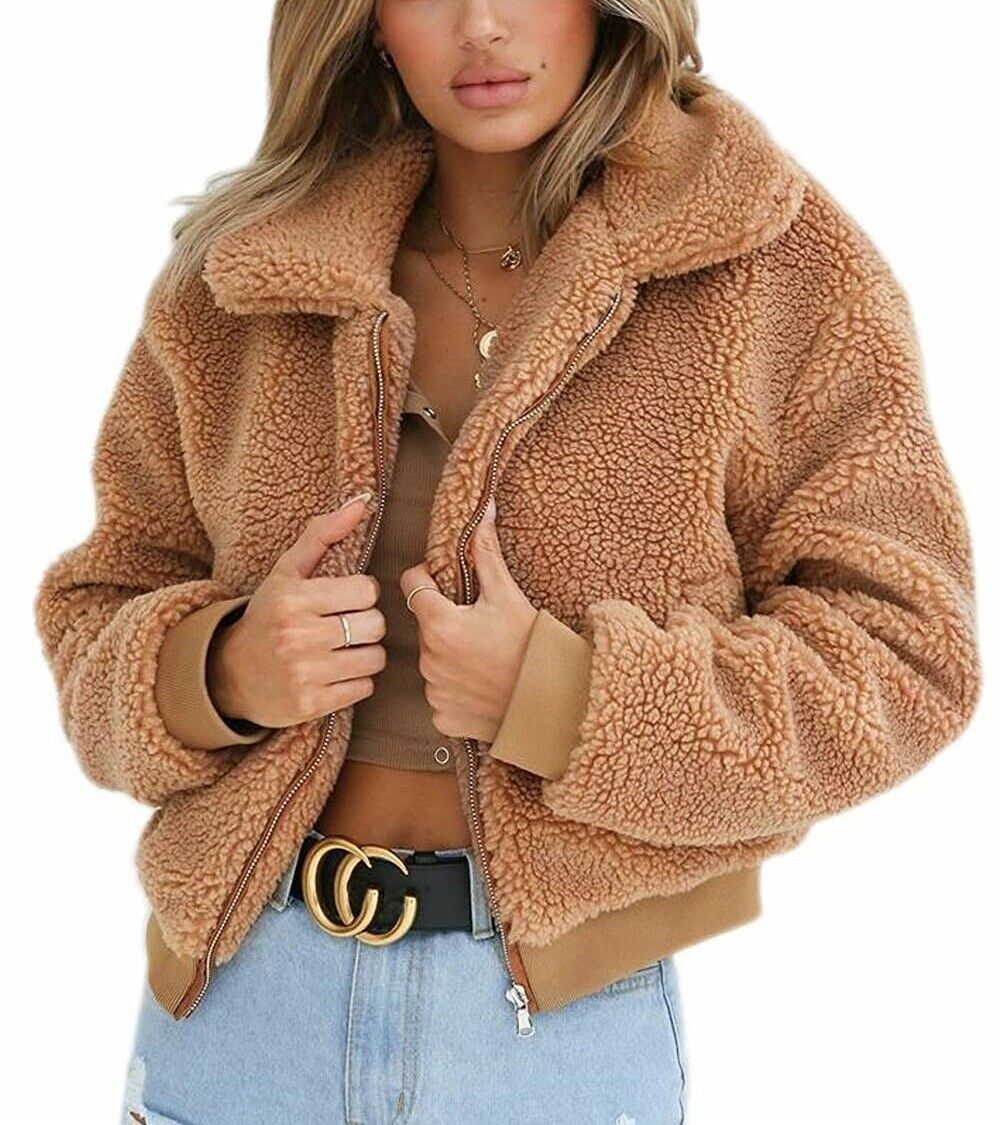 Womens Teddy Bear Short Coat Ladies Faux Fur Borg Zip Up Bomber Jacket Outerwear 