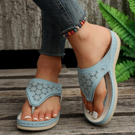 

HAOTAGS Women s Flat Sandals Dressy T-Strap Thong Sandals Beach Slide Sandals Clip Toe Platform Hollow Casual Summer Shoes Light Blue Size 10