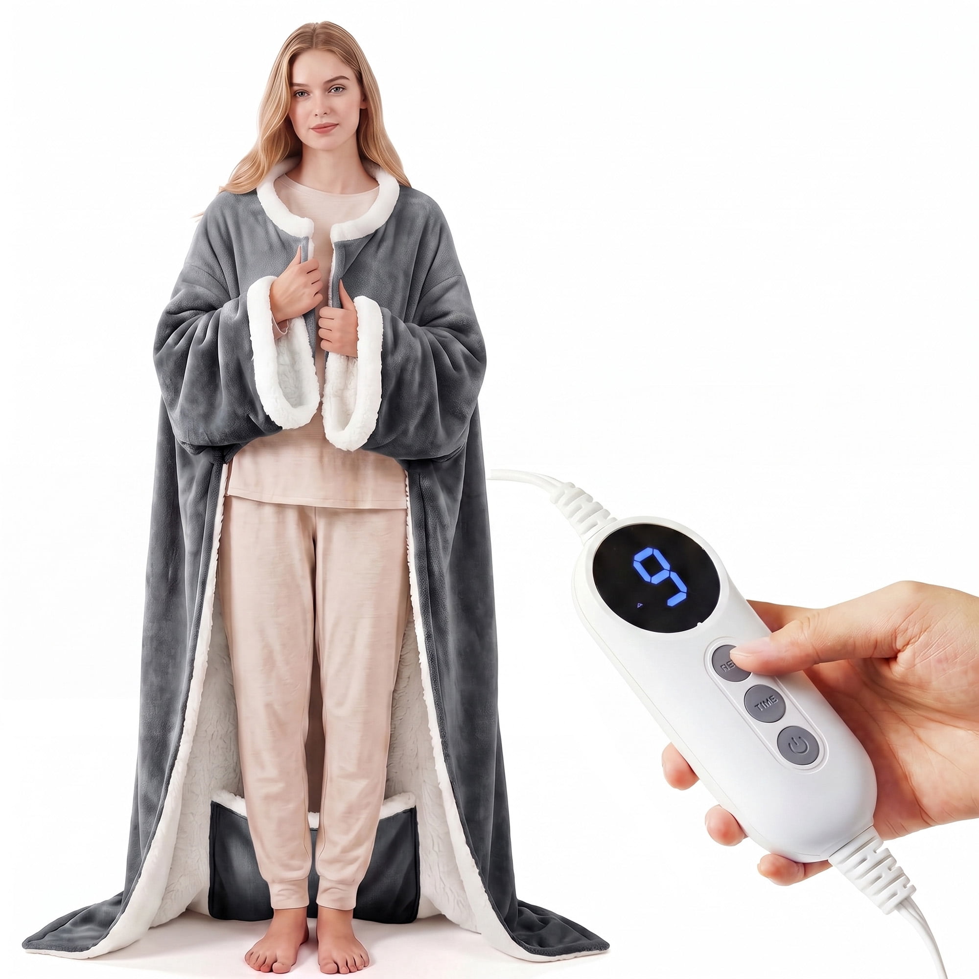 Fundaze Wearable Heated Blanket with Sleeves, Foot Pocket, 52"x72" Flannel Sherpa Electric Throw Blanket, 9 Heat Settings, Auto-Off Timer, Gray