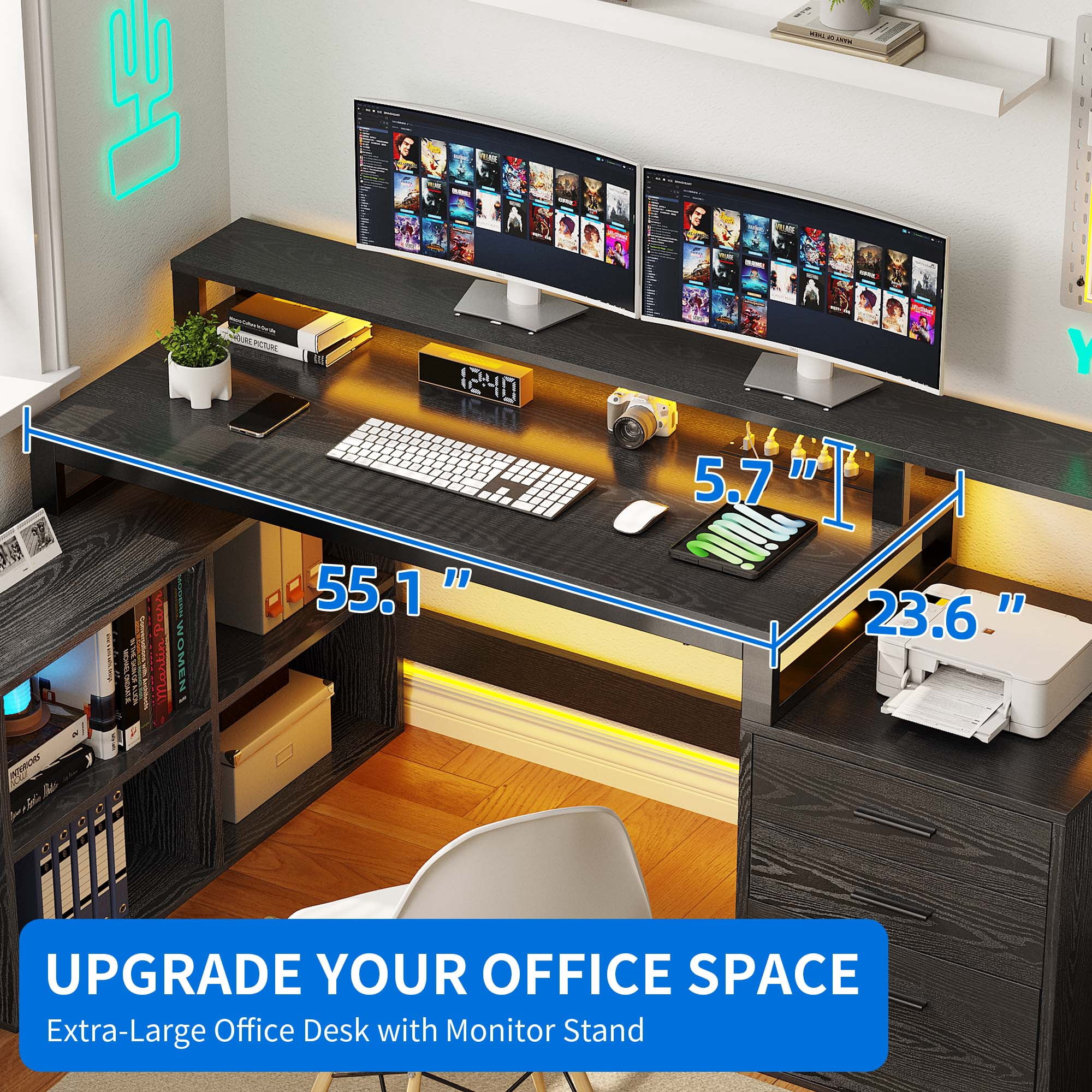 65" L Shaped Desk with Power Outlets and Monitor Stand , Computer Desk with LED Light &File Cabinet, Corner Desk with 3 Drawers & 4 Open Storage Shelves, White Modern Home Office Desk, Black