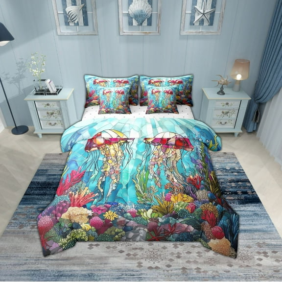 Erosebridal Marine Jellyfish Bedding Sets Twin Size,Underwater World Comforter Sets with Sheets,Peincess Bedroom Decor,Reversible,Breathable,7pcs
