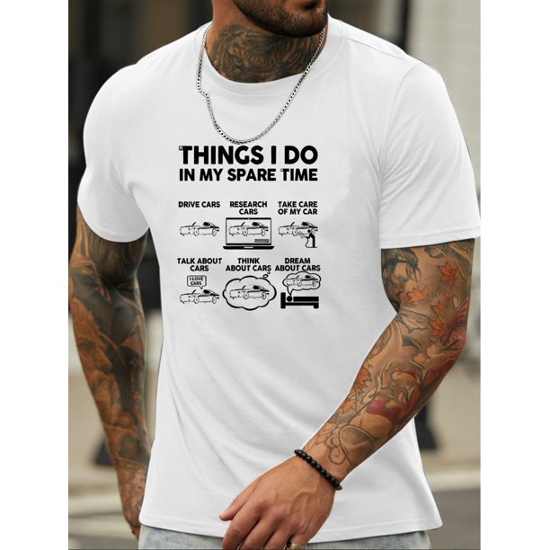 Men's Summer Fashion Graphic T-Shirt - "THINGS I DO IN MY SPARE TIME" Print, Casual Crew Neck, Short Sleeve, Machine Washable