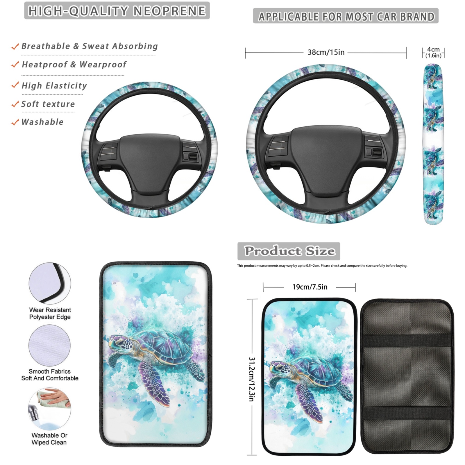 Yuyamidu Watercolor Sea Turtle Car Seat Cover Split Covers Blue Steering Wheel Cover Seatbelt Pads Auto Armrest Cover Key Ring Coasters Auto Decor Set of 13