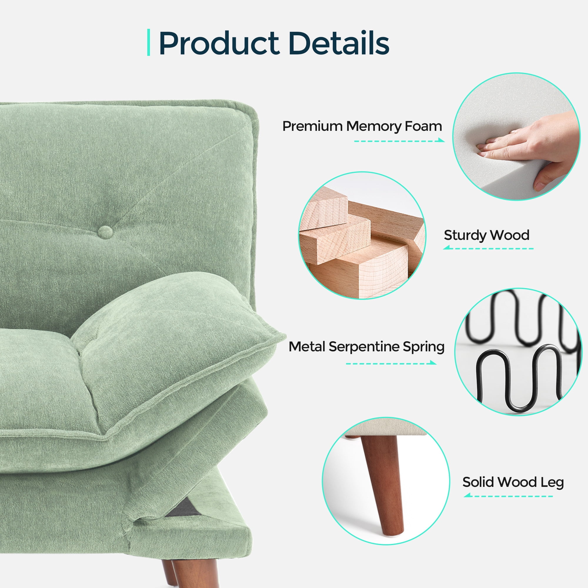 LINSY HOME Futon Sofa, Modern Loveseat Sofa, Chenille Convertible  Bed with Adjustable Armrests forA partment, Green