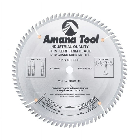 Amana Tool 610800-TS Carbide Tipped Thin Kerf Miter 10 Inch D x 80T ATB 10 Deg 5/8 Bore Circular Saw Blade