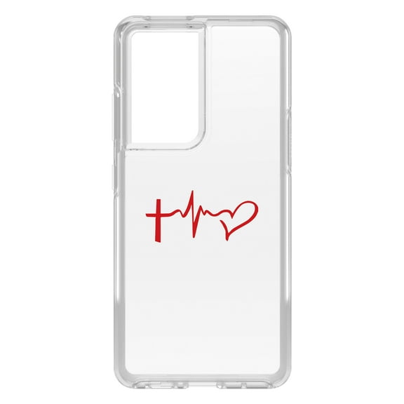 DistinctInk Clear Shockproof Hybrid Case for Galaxy S21 ULTRA 5G (6.8" Screen) - TPU Bumper Acrylic Back Tempered Glass Screen Protector - Cross Heart - Faith Hope Love