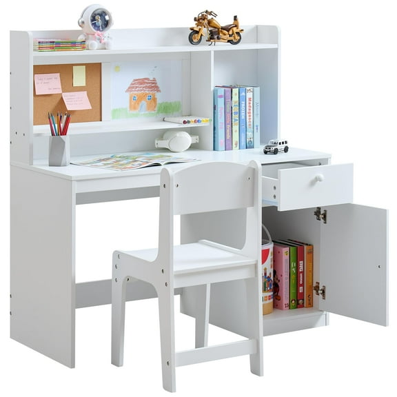 Kids Desk and Chair Set, Kids Study Desk with Hutch, Wooden Children Study Table with Storage Cabinet, Student Desk and Chair Set for Girls Boys