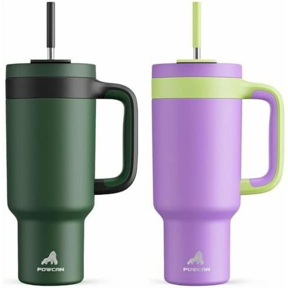 40 oz Tumbler with Handle 2 Pack, 2-in-1 Straw & Sip Lid, Leakproof, Dishwasher Safe, Insulated Stainless Steel Coffee Mug, Keeps Cold for 34 Hours, Fits in Car Cup Holder(Forest & Wisteria)