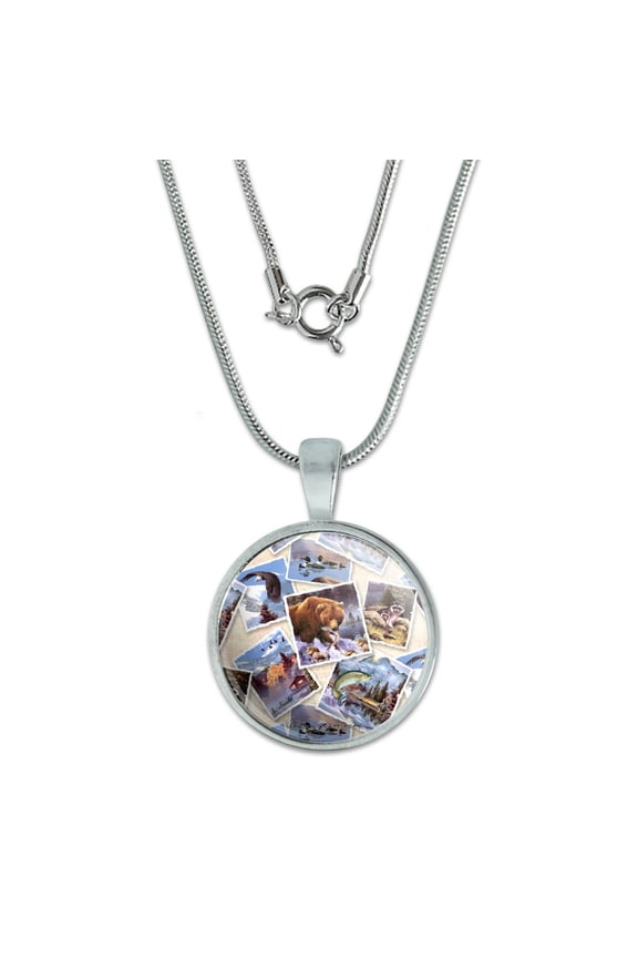 Rockies Mountain Life Fishing Bear Eagle Pattern 0.75" Pendant with Sterling Silver Plated Chain