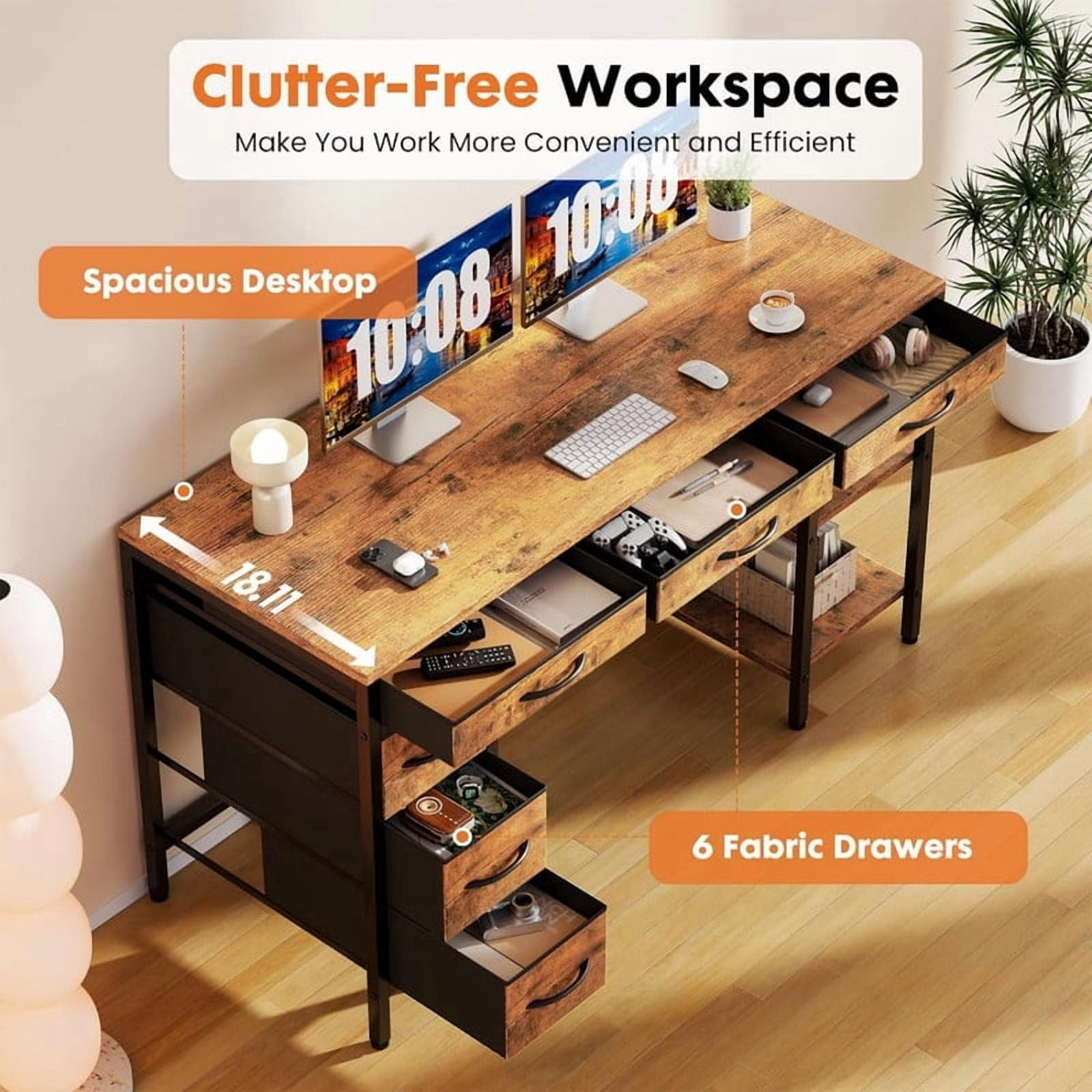 Kelno 47 Inch Computer Desk with 6 Fabric Drawer Storage Shelf Gaming Writing Table, Rustic Brown