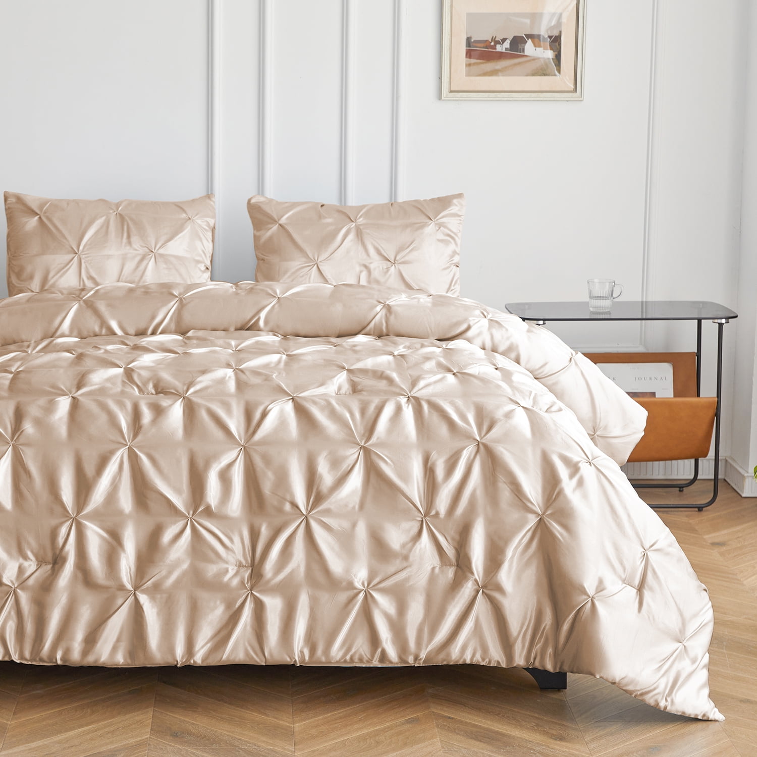 MR&HM Satin Comforter King Set 3pcs, Pintuck Beddding Sets with