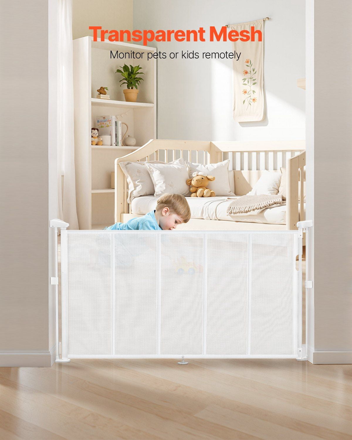 Retractable Baby Gate 34" Tall x 55" Wide, Mesh Material, Anti-Crawl Bottom Strip, One-Hand Operation, for Indoor Stairs Doorways