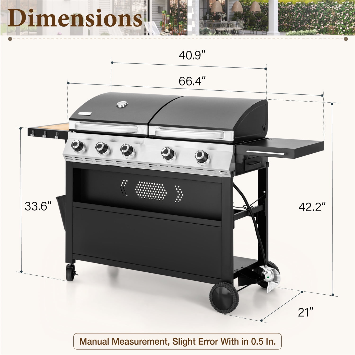 MF Studio 5-Burner Outdoor Propane Gas Grill and Griddle Combo BBQ Grill with Lid 54,000 BUT