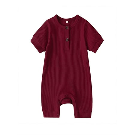 

Newborn Infant Baby Boy Girl Casual One Piece Jumpsuit Short Sleeve Solid Ribbed Knit Round Neck Bottom Button Romper 0-18 Months
