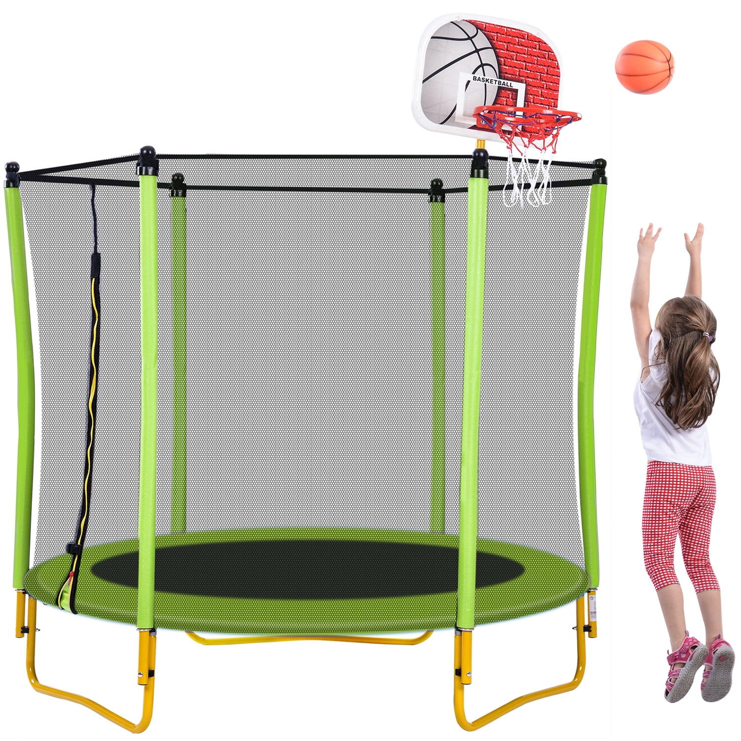 Kadyn 5.5FT Children Trampoline, Metal Mini Small Trampolines with Enclosure, Basketball Hoop and Ball Included, Indoor Outdoor Mini Trampoline for Kids, Green Kadyn 5.5FT Children Trampoline, Metal Mini Small Trampolines with Enclosure, Basketball Hoop and Ball Included, Indoor Outdoor Mini Trampoline for Kids, Green