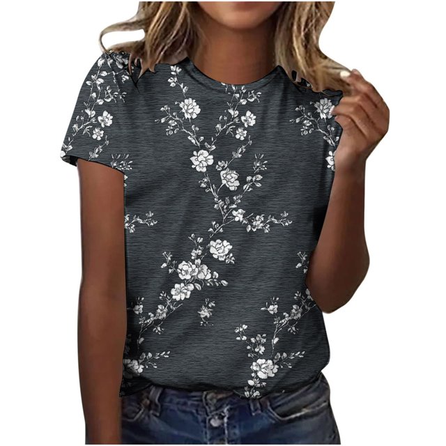 Pisexur Hauts d'Été pour Femmes, Blouses Habillées Décontractées pour Femmes Hauts à la Mode Chandail Décontracté Imprimé Manches Courtes Col Rond, Grande Taille pour Femmes Multicolore, TG