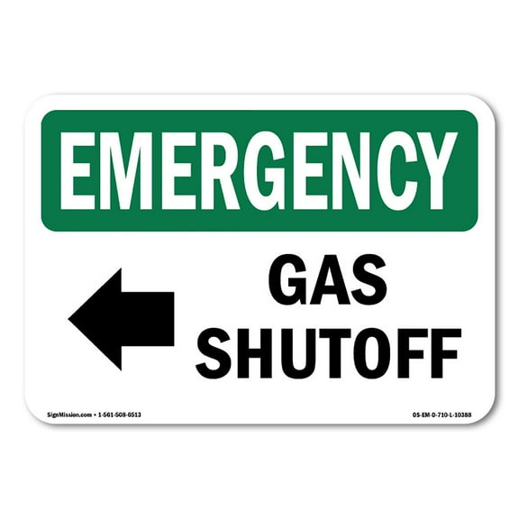 SignMission OS-EM-A-1824-L-10388 18 x 24 in. OSHA Emergency Sign - Gas Shutoff Left Arrow with Symbol