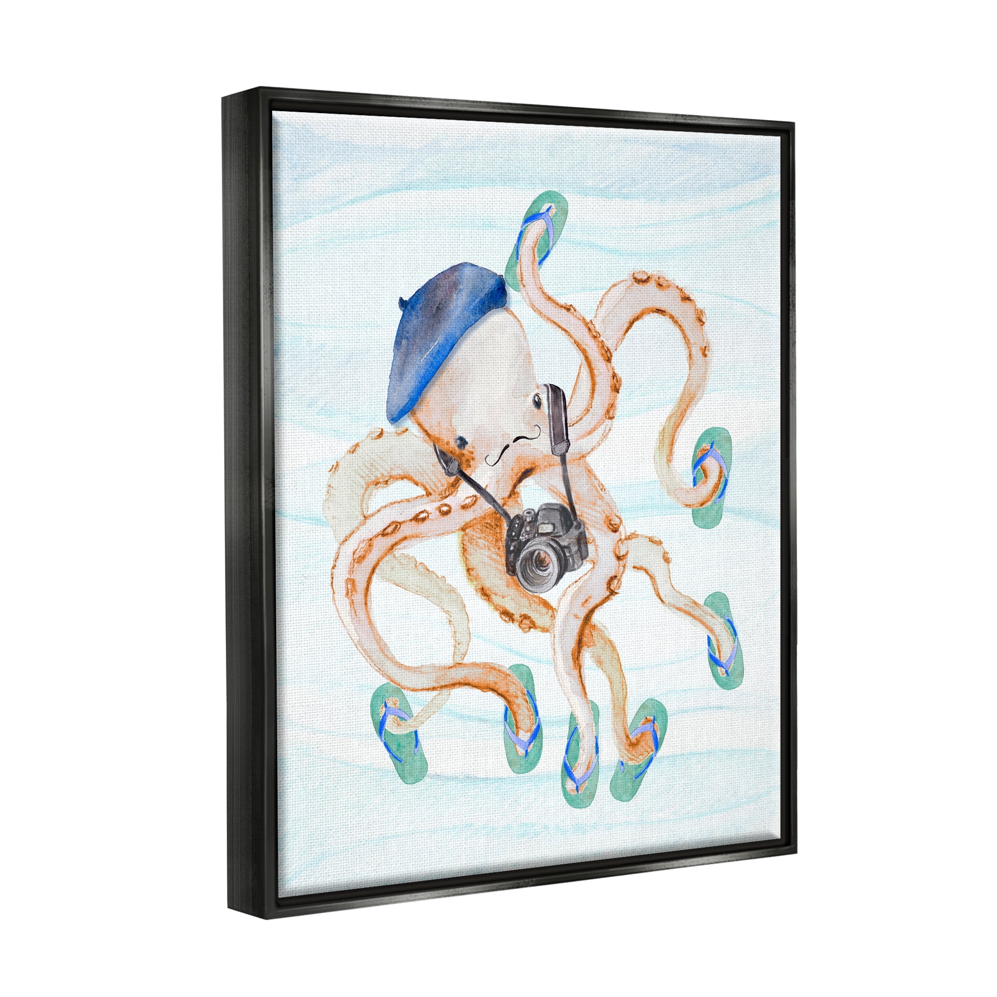 Stupell Vacation Tourist Octopus Funny Landscape Painting Black Floater Framed Art Print Wall Art