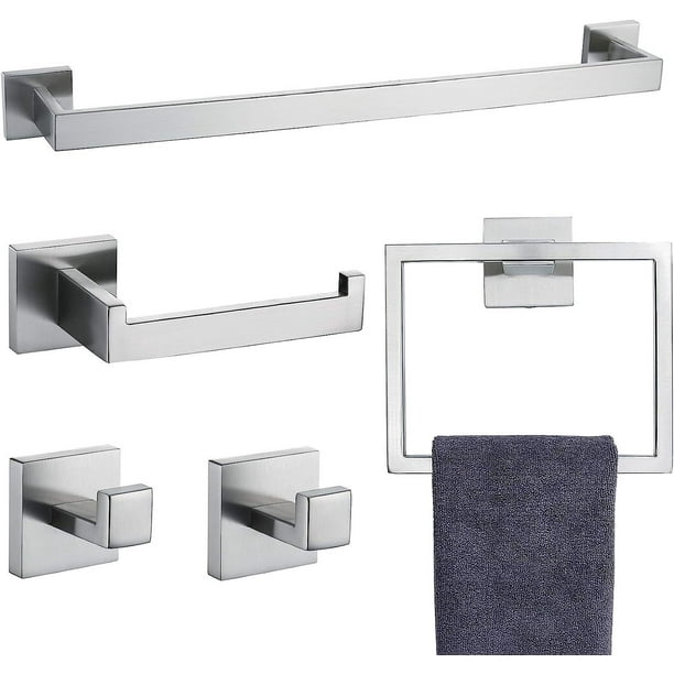 5 Piezas Juego de Accesorios de Baño, Toallero Baño 60cm + Portarrollos para Papel + Toallero Barra + 2 Gancho,304 Acero Inoxidable