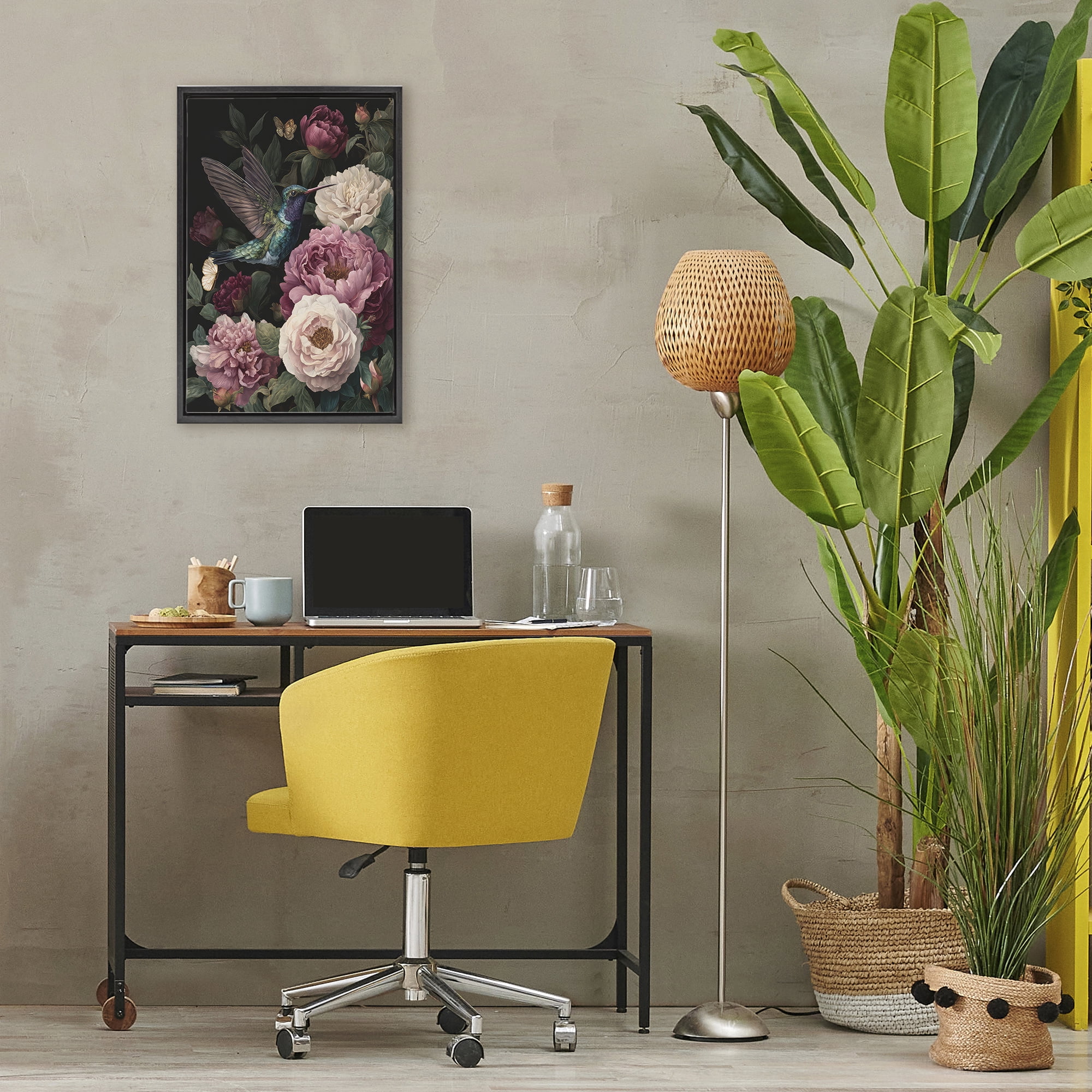 Stupell Industries Hummingbird & Lush Peonies Black Framed Floater Canvas Wall Art, design by The Wands Want