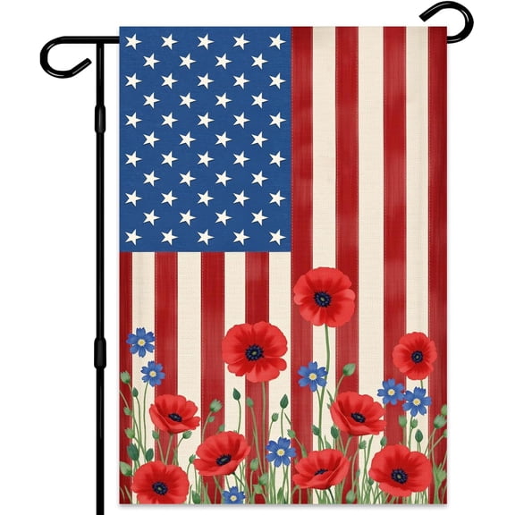 Patriotic 4th of July Garden Flag Double Sided Myosotis Poppy 12x18 Inch Outdoor Yard Holiday Decoration