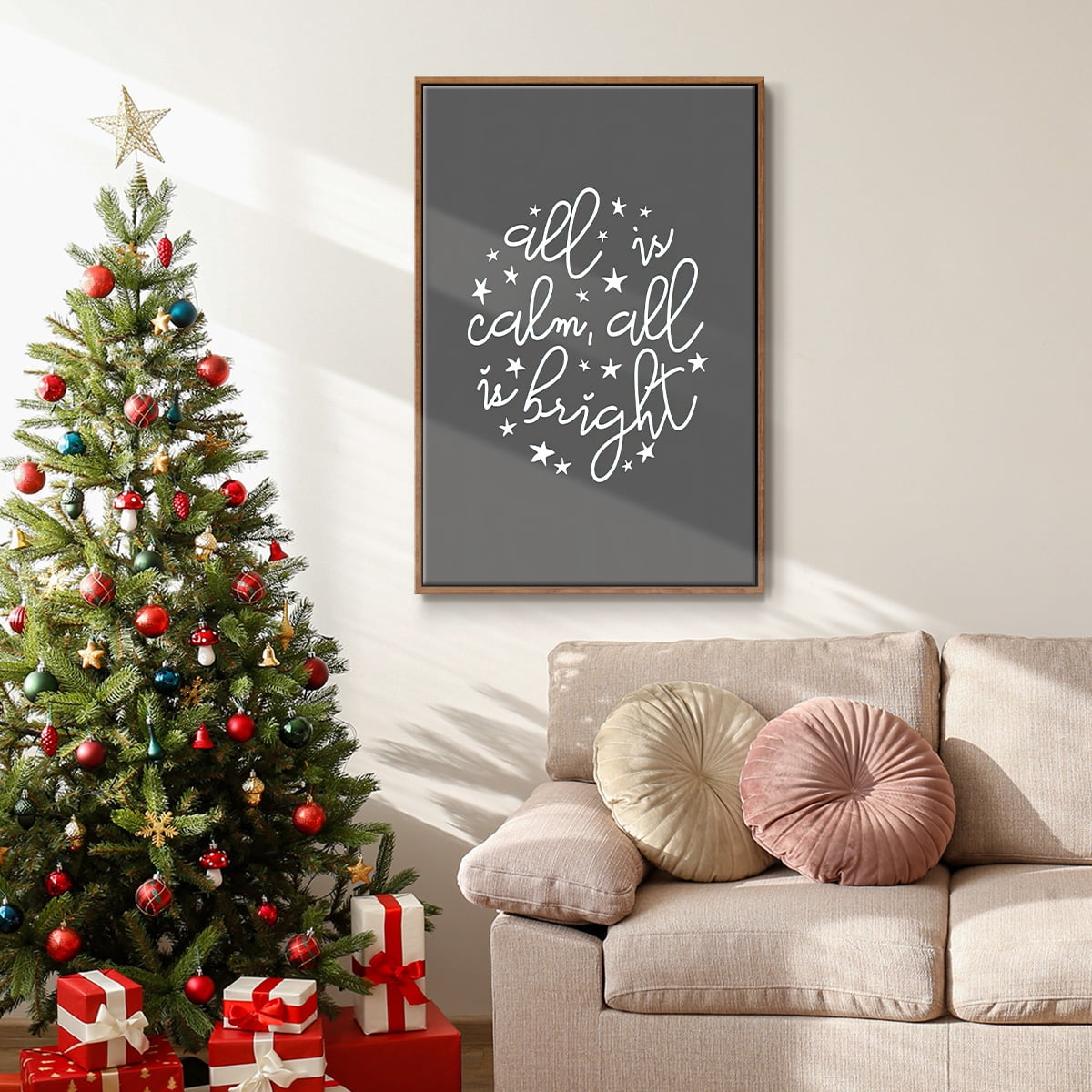 All is Calm, All is Bright - Dark Gray - Framed Gallery Wrapped Holiday Canvas - 27 x 41 - Rosewood Frame