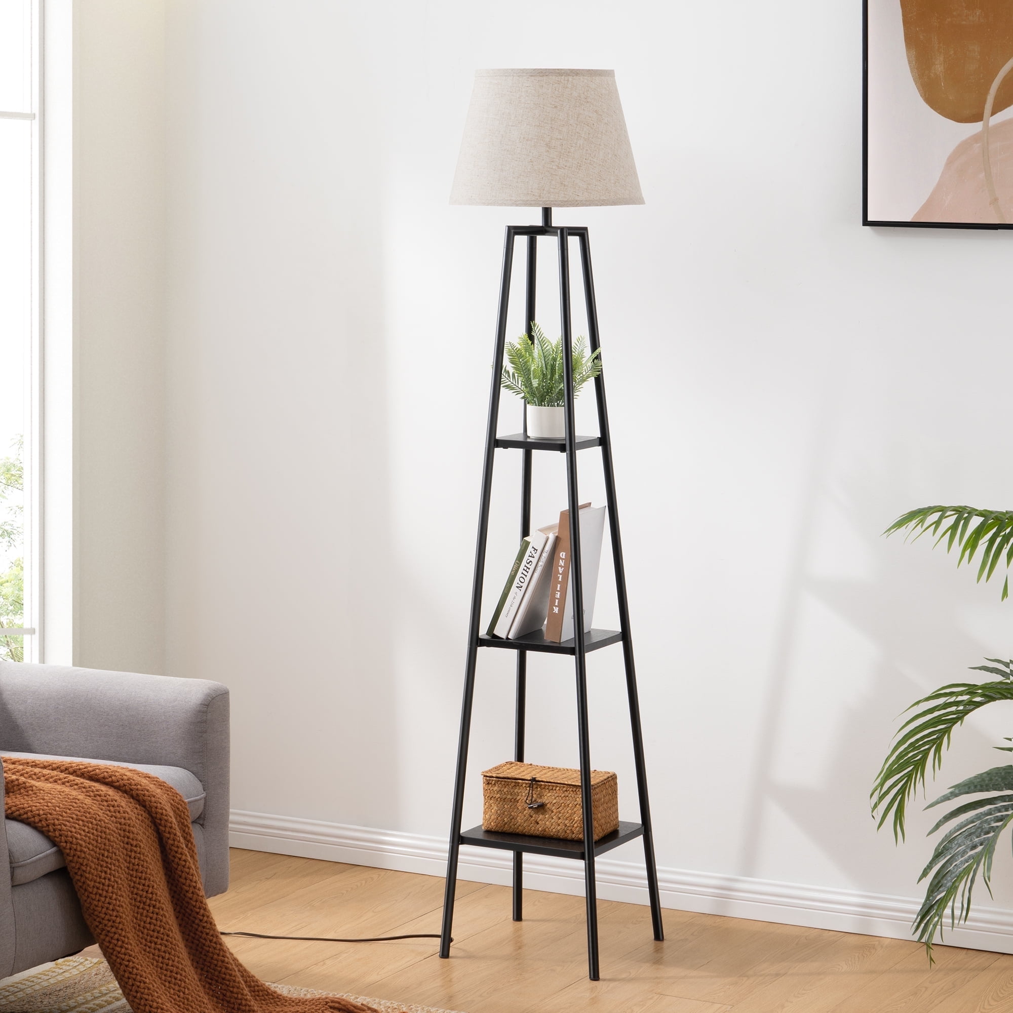 Modern Shelf Floor Lamp – Solid Wood 3-tier Display With Linen Shade - Etsy, image size:2000x2000