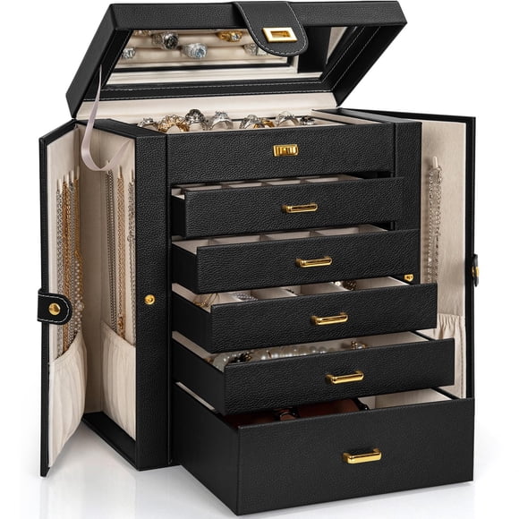 AKOZLIN Enorme joyero organizador funcional extra grande de cuero para almacenamiento de joyas para mujeres y niñas, anillo, collar, pendientes, pulsera, organizador con espejo negro
