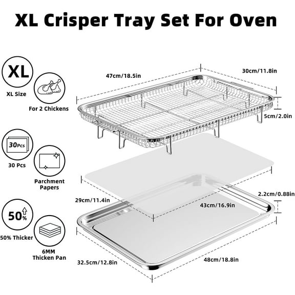 Extra Large Air Fryer Basket and Tray Set with Parchment Papers, Stainless Steel Oven Cooking Tool