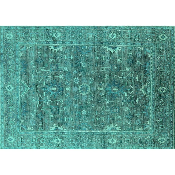 Ahgly Company Machine Washable Indoor Rectangle Oriental Turquoise Blue Industrial Area Rugs, 8' x 10'