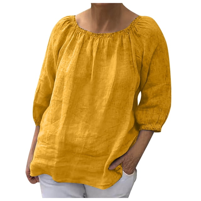 AherBiu Hauts Grande Taille pour Femmes Manches 3/4 Chemises d'Été en Coton et Lin Décontractées Coupe Ample Col Rond
