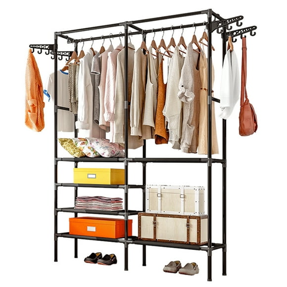 ZZBIQS 5 Tiers Metal Garment Rack Heavy Duty Clothing Rack Wardrobe Closet with Shelves and 4 Side Hook, Compact Armoire Storage Rack, 33.8"L x 17.3"W x 68.5"H, Max Load 115.23LBS, Black