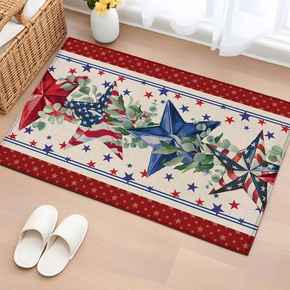 2x3 Ft Entryway Area Rug, Red 4th of July Kitchen Rug Runner Washable Floor Mat, Independence Day Star Vintage Non Slip Indoor Door Mat Throw Carpet for Bathroom Living Room Bedroom