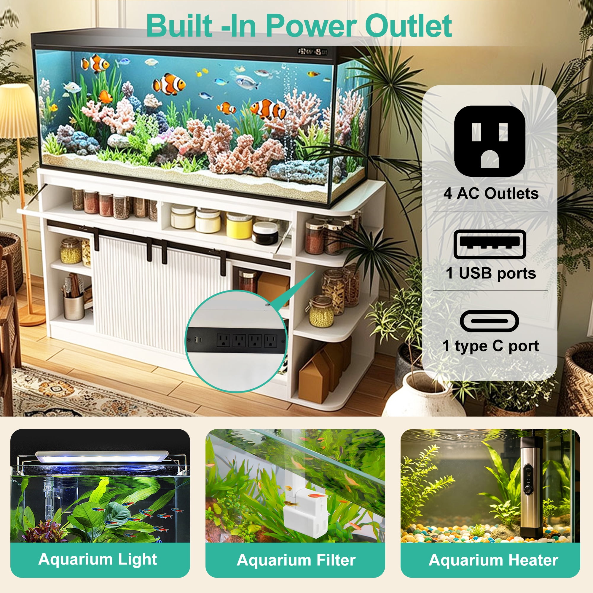 Mintazer 55-75 Gallon Fish Tank Stand with LED Light & Charging Station, 55" Aquarium Stand with Storage & Sliding Doors, Heavy Duty Tank Stand for 2 Fish Tank Terrarium, 1200lbs, White