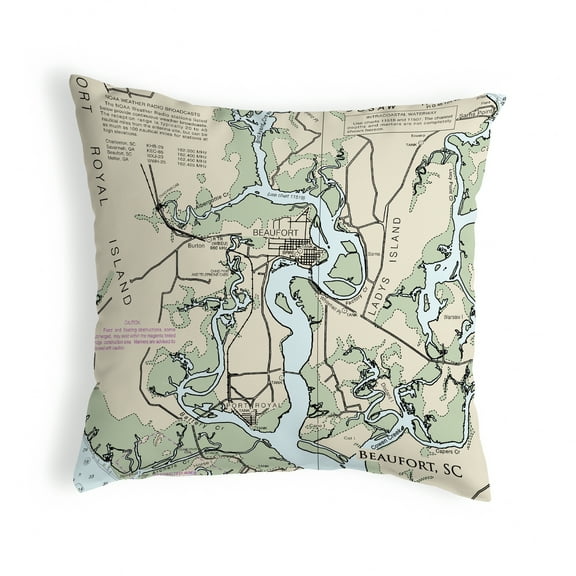 Betsy Drake Interiors Beaufort - Detail, SC Nautical Map Noncorded Indoor/Outdoor Pillow 18x18