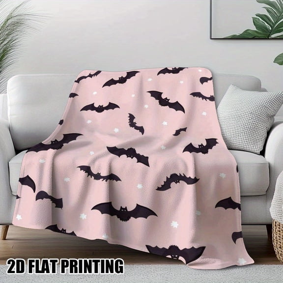 Cozy Halloween Bat Swarm Printed Throw Blanket - Soft Plush Flannel with Black Bats & Stars on Pink Background, 2D Flat Printing for Sofa, Couch, Bed, Travel, Camping - All-Season Gift Idea,