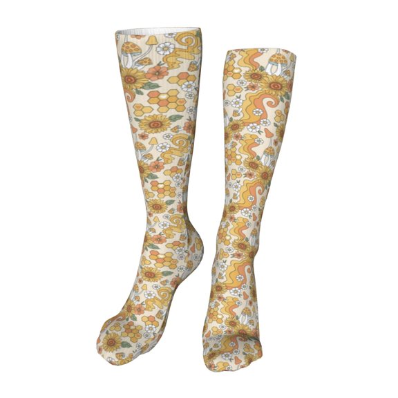 Xecao Retro 70s 60s Flower Print Calf Socks Seamless Toe, Knee High Long Socks, Sports Socks Trouser Socks for Women and Men-One Size