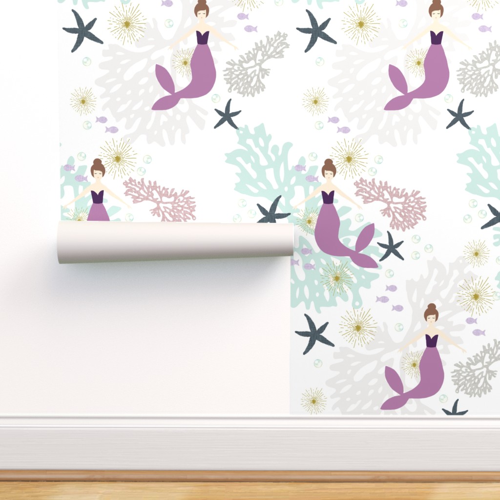 Peel-and-Stick Removable Wallpaper Mermaid Ocean Sea Purple Mermaids