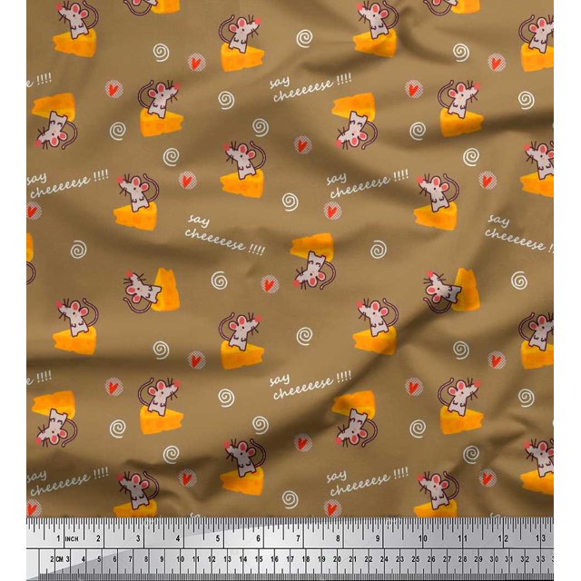 Soimoi Brown Poly Georgette Fabric Cheese Slice & Rats Kids Print Fabric by the Yard 52 Inch Wide