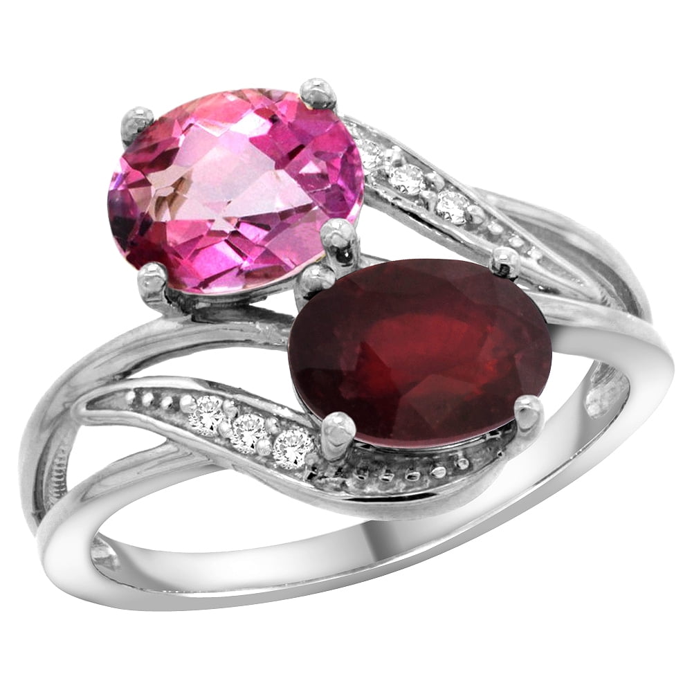 10K White Gold Diamond Natural Pink Topaz & Enhanced Ruby 2-stone Ring Oval 8x6mm, sizes 5 10 by WorldJewels
