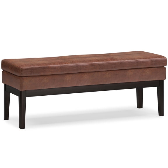 Simpli Home Carlson 45-inch-Wide Mid-Century Ottoman Bench in Distressed Saddle Brown Pinewood, Foam, Rubberwood